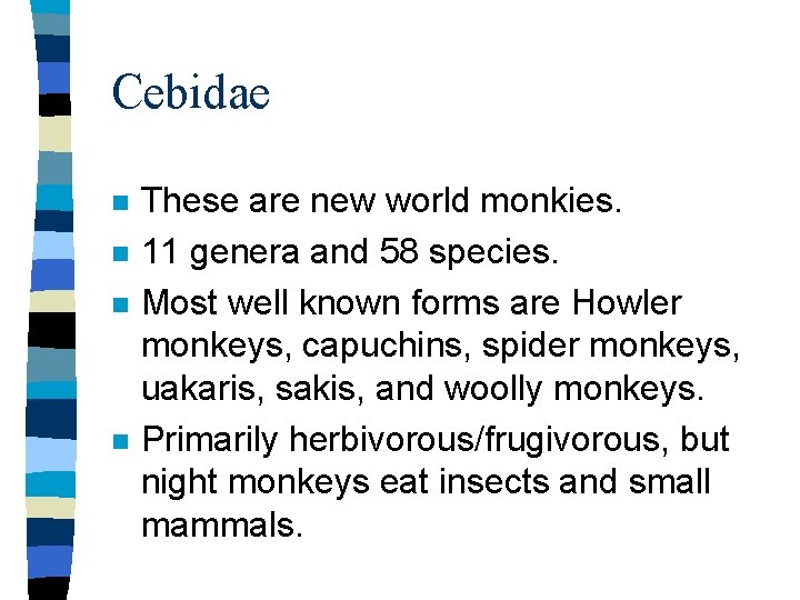 Cebidae n n These are new world monkies. 11 genera and 58 species. Most