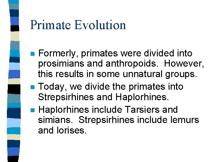 Primate Evolution n Formerly, primates were divided into prosimians and anthropoids. However, this results