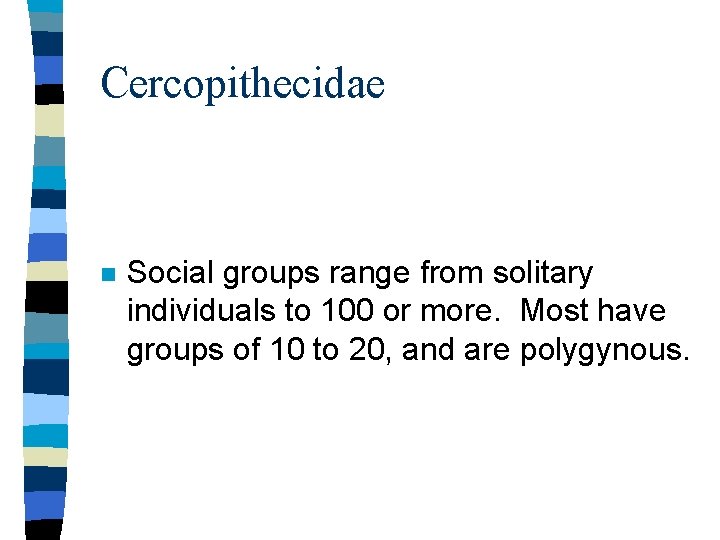 Cercopithecidae n Social groups range from solitary individuals to 100 or more. Most have