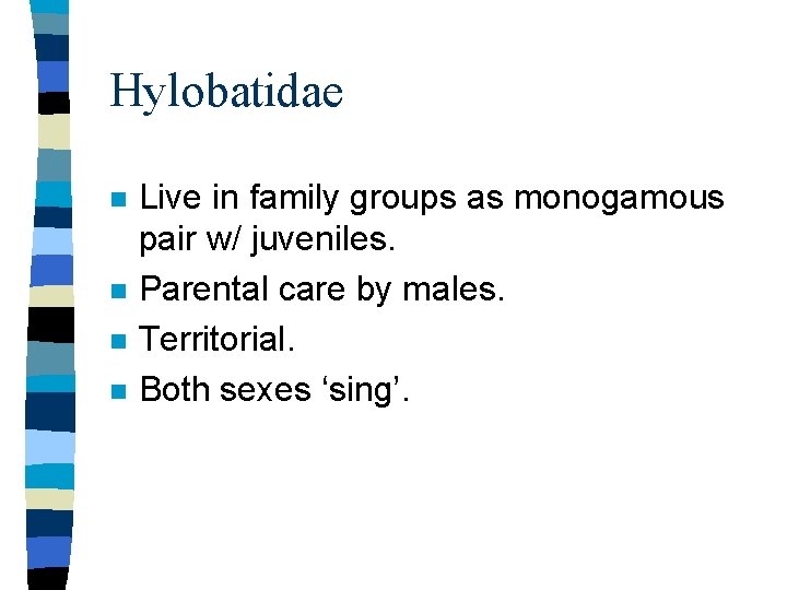 Hylobatidae n n Live in family groups as monogamous pair w/ juveniles. Parental care