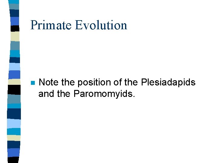Primate Evolution n Note the position of the Plesiadapids and the Paromomyids. 