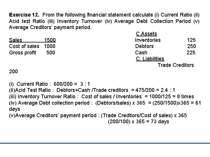 Exercise 12. From the following financial statement calculate (i) Current Ratio (ii) Acid test