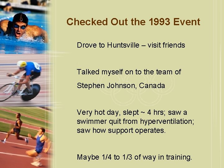 Checked Out the 1993 Event Drove to Huntsville – visit friends Talked myself on