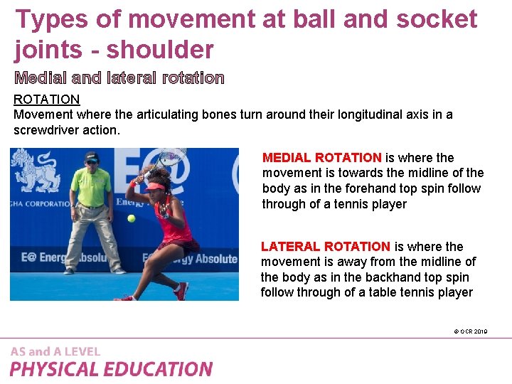 Types of movement at ball and socket joints - shoulder Medial and lateral rotation