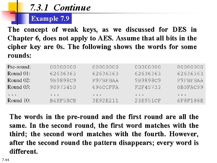 7. 3. 1 Continue Example 7. 9 The concept of weak keys, as we