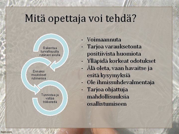 Mitä opettaja voi tehdä? Rakentaa turvallisuutta rutiinien avulla Ennakoi muutokset rutiineissa Tunnistaa ja vältää