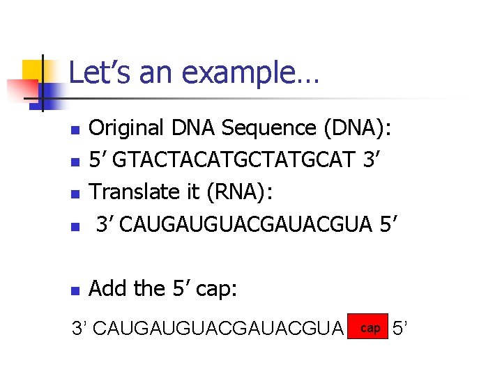 Let’s an example… n Original DNA Sequence (DNA): 5’ GTACTACATGCTATGCAT 3’ Translate it (RNA):