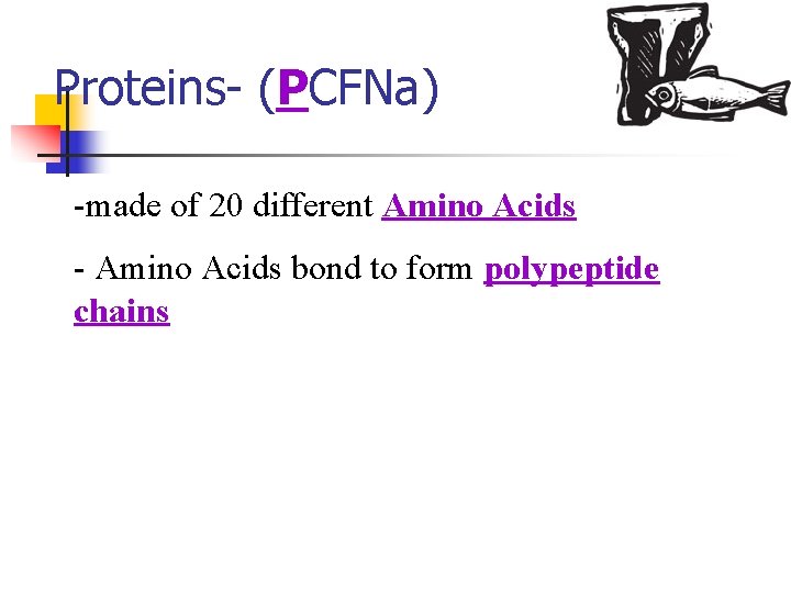 Proteins- (PCFNa) -made of 20 different Amino Acids - Amino Acids bond to form