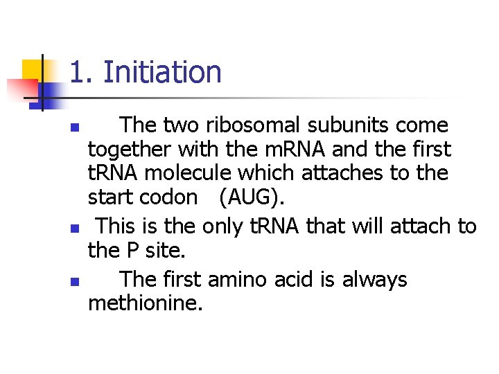 1. Initiation n The two ribosomal subunits come together with the m. RNA and