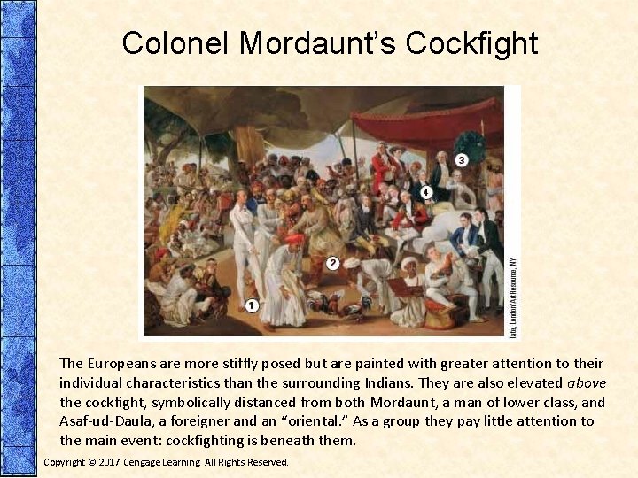 Colonel Mordaunt’s Cockfight The Europeans are more stiffly posed but are painted with greater