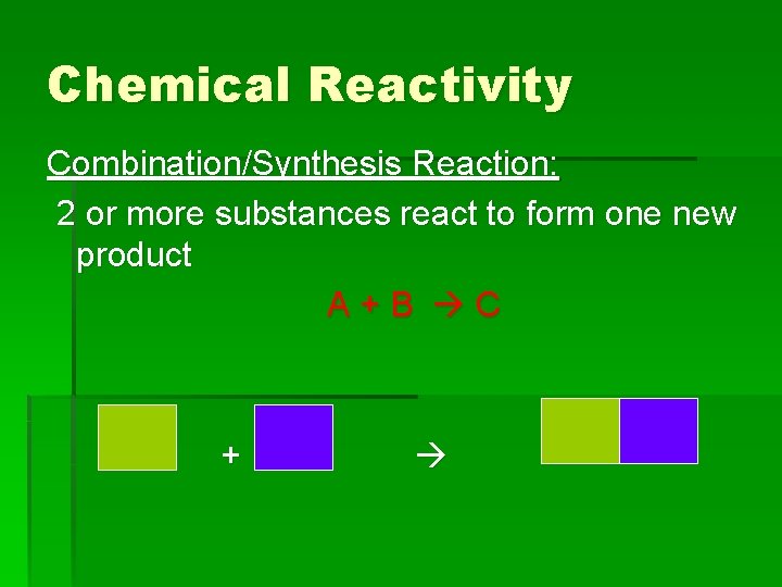 Chemical Reactivity Combination/Synthesis Reaction: 2 or more substances react to form one new product