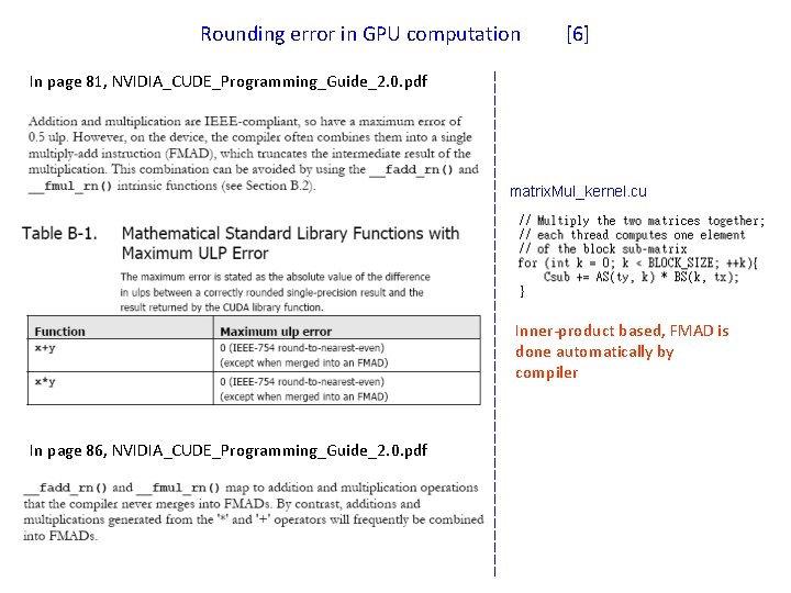 Rounding error in GPU computation [6] In page 81, NVIDIA_CUDE_Programming_Guide_2. 0. pdf matrix. Mul_kernel.