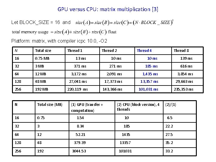 GPU versus CPU: matrix multiplication [3] Let BLOCK_SIZE = 16 and Platform: matrix, with