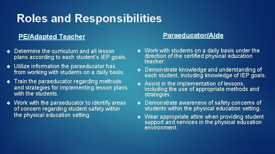 Roles and Responsibilities Paraeducator/Aide PE/Adapted Teacher Determine the curriculum and all lesson plans according