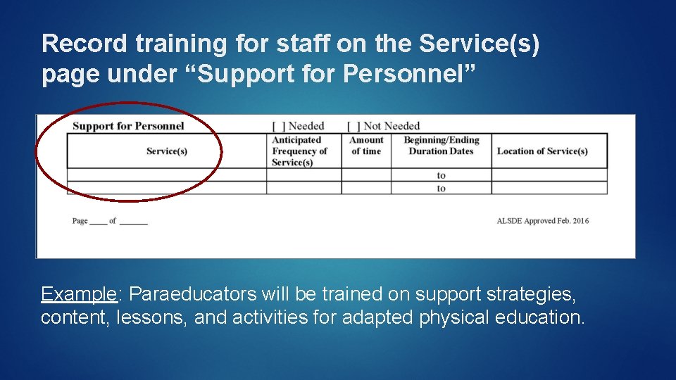 Record training for staff on the Service(s) page under “Support for Personnel” Example: Paraeducators