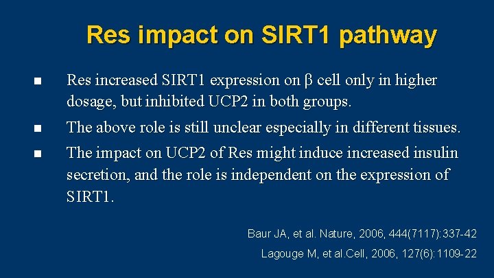 Res impact on SIRT 1 pathway n Res increased SIRT 1 expression on β