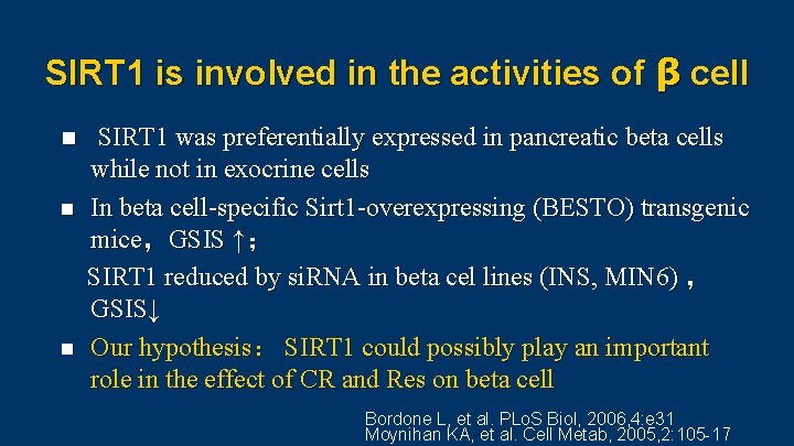 SIRT 1 is involved in the activities of β cell n n n SIRT