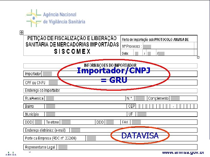 Importador/CNPJ = GRU DATAVISA Agência Nacional de Vigilância Sanitária www. anvisa. gov. br 