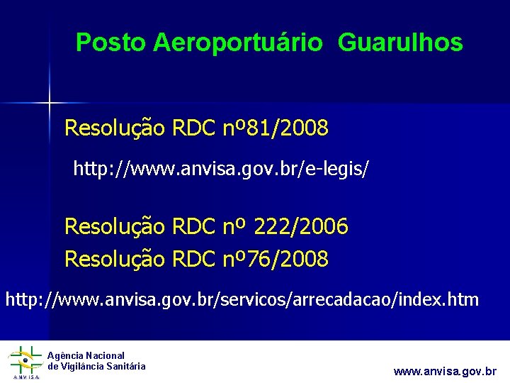 Posto Aeroportuário Guarulhos Resolução RDC nº 81/2008 http: //www. anvisa. gov. br/e-legis/ Resolução RDC