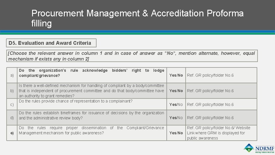 Procurement Management & Accreditation Proforma filling D 5. Evaluation and Award Criteria [Choose the