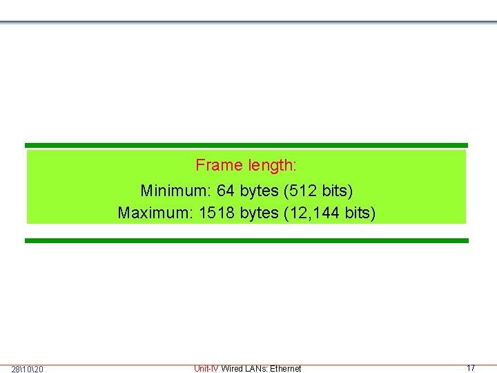Frame length: Minimum: 64 bytes (512 bits) Maximum: 1518 bytes (12, 144 bits) 281020