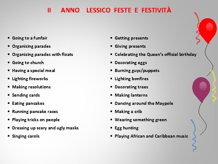 II ANNO LESSICO FESTE E FESTIVITÀ § Going to a funfair § Getting presents