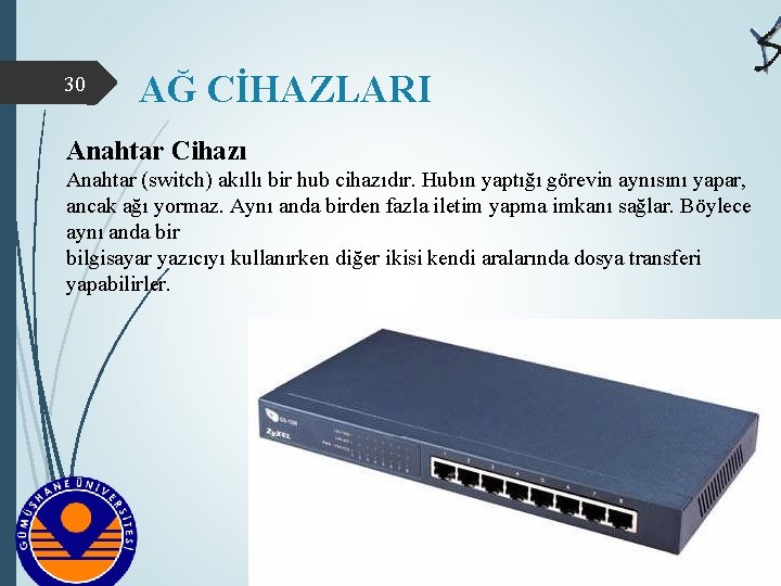 30 AĞ CİHAZLARI Anahtar Cihazı Anahtar (switch) akıllı bir hub cihazıdır. Hubın yaptığı görevin