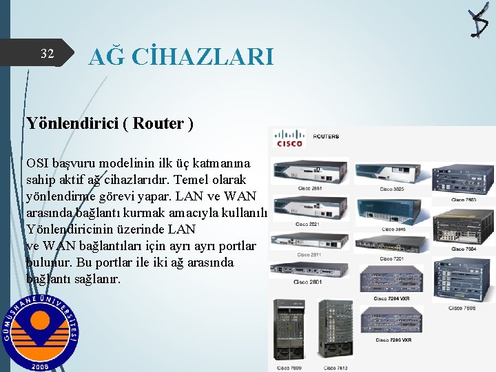 32 AĞ CİHAZLARI Yönlendirici ( Router ) OSI başvuru modelinin ilk üç katmanına sahip