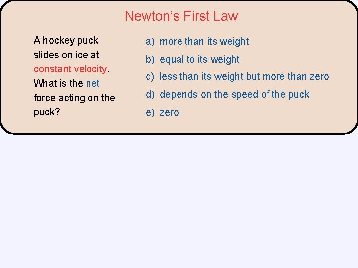 Newton’s First Law A hockey puck slides on ice at constant velocity. What is