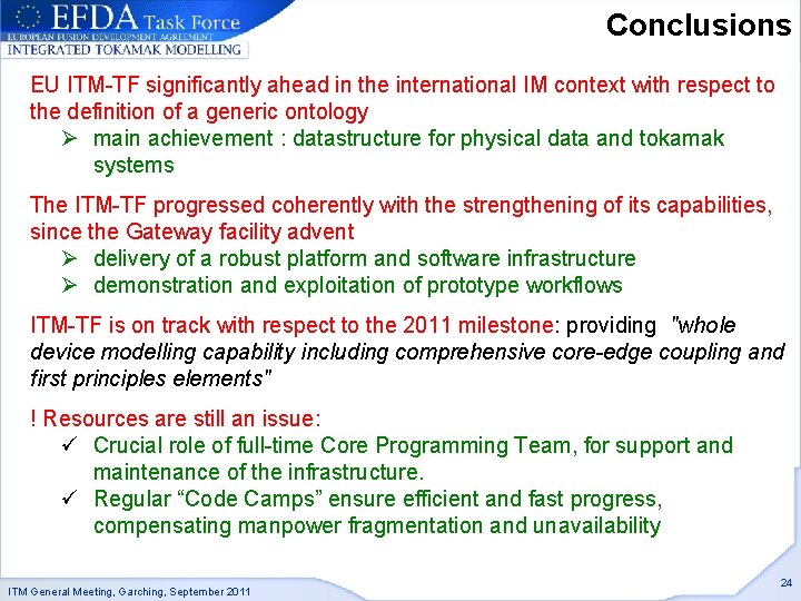 Conclusions EU ITM-TF significantly ahead in the international IM context with respect to the