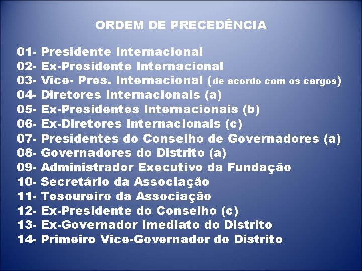 ORDEM DE PRECEDÊNCIA 0102030405060708091011121314 - Presidente Internacional Ex-Presidente Internacional Vice- Pres. Internacional (de acordo