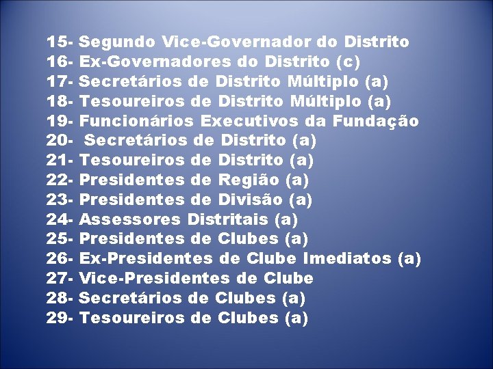 151617181920212223242526272829 - Segundo Vice-Governador do Distrito Ex-Governadores do Distrito (c) Secretários de Distrito Múltiplo