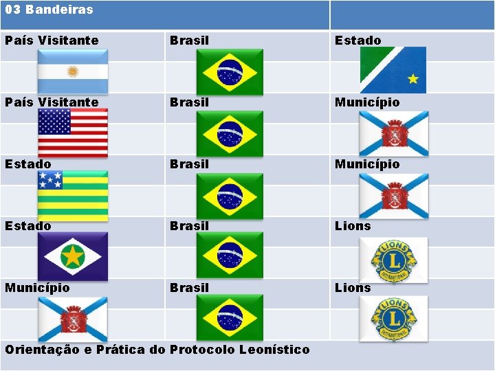 03 Bandeiras País Visitante Brasil Estado País Visitante Brasil Município Estado Brasil Lions Município