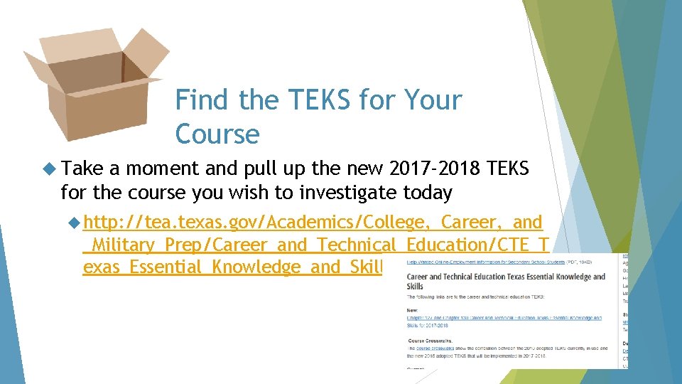 Find the TEKS for Your Course Take a moment and pull up the new