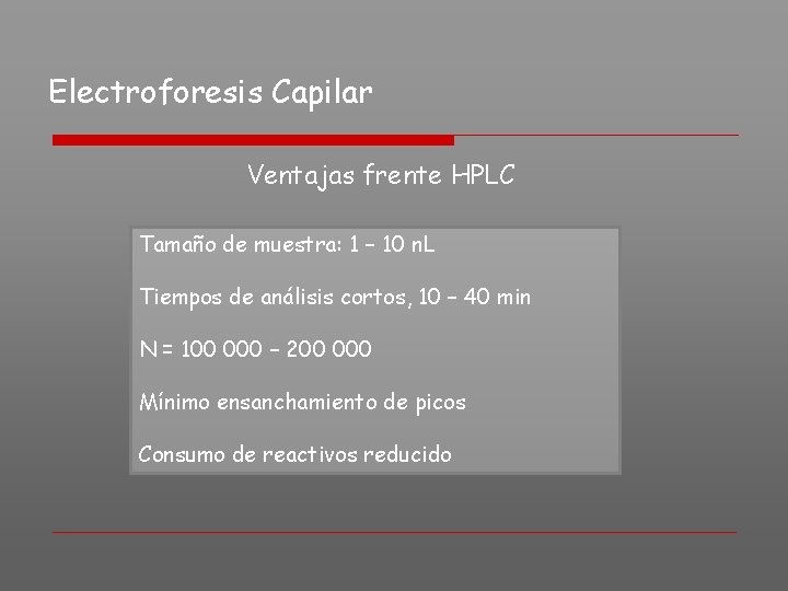 Electroforesis Capilar Ventajas frente HPLC Tamaño de muestra: 1 – 10 n. L Tiempos