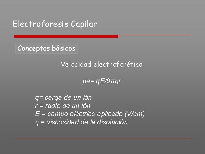 Electroforesis Capilar Conceptos básicos Velocidad electroforética μe= q. E/6πηr q= carga de un ión