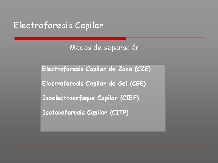 Electroforesis Capilar Modos de separación Electroforesis Capilar de Zona (CZE) Electroforesis Capilar de Gel
