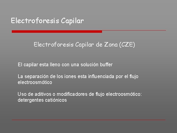 Electroforesis Capilar de Zona (CZE) El capilar esta lleno con una solución buffer La