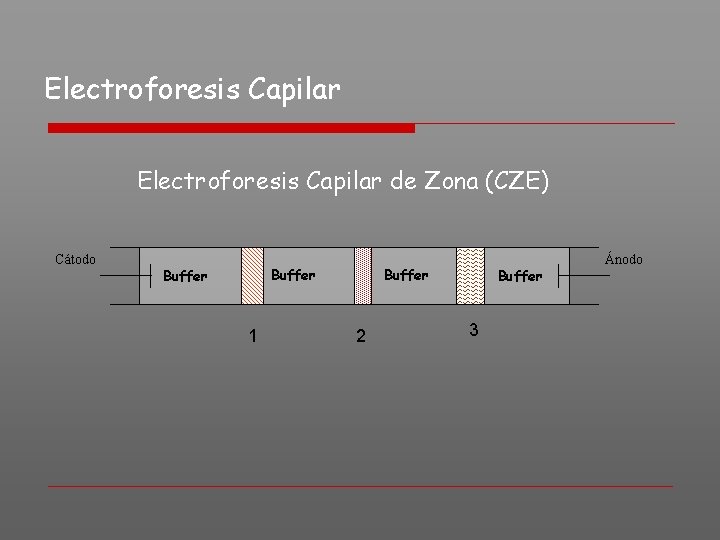 Electroforesis Capilar de Zona (CZE) Cátodo Buffer 1 Buffer 2 Buffer 3 Ánodo 