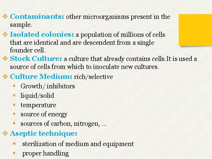 v Contaminants: other microorganisms present in the sample. v Isolated colonies: a population of v Contaminants: other microorganisms present in the sample. v Isolated colonies: a population of