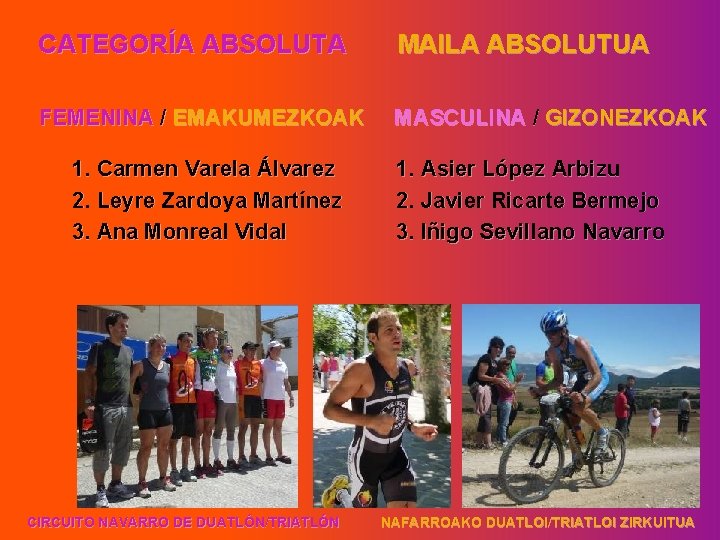 CATEGORÍA ABSOLUTA MAILA ABSOLUTUA FEMENINA / EMAKUMEZKOAK MASCULINA / GIZONEZKOAK 1. Carmen Varela Álvarez