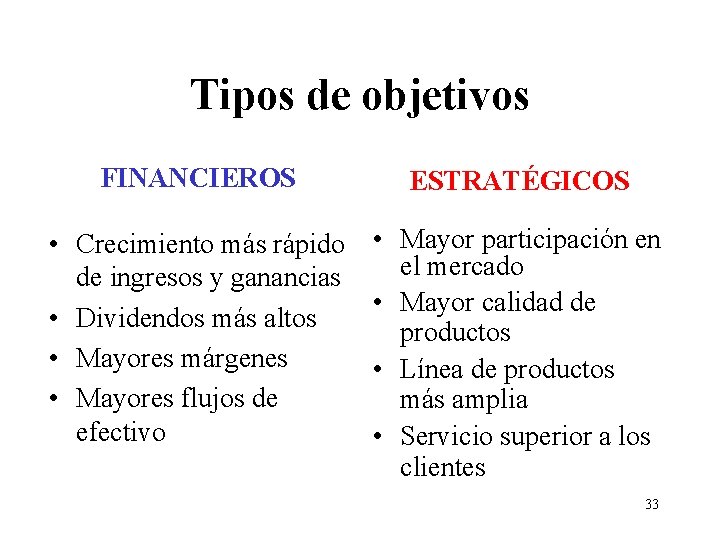 Tipos de objetivos FINANCIEROS ESTRATÉGICOS • Crecimiento más rápido de ingresos y ganancias •