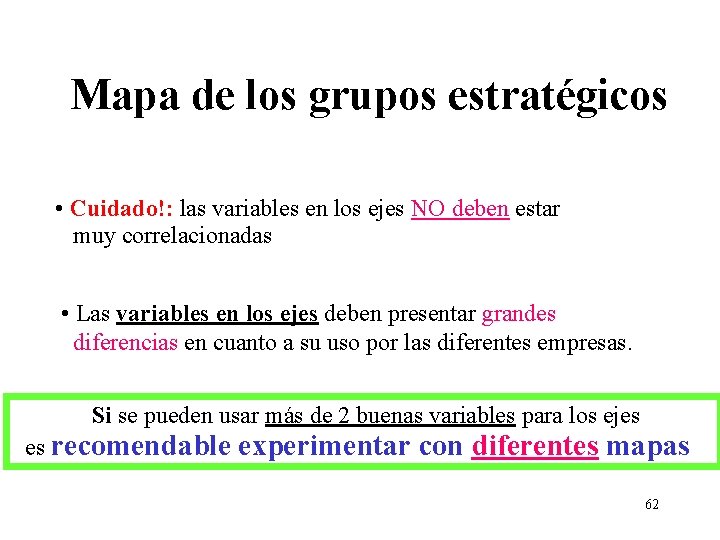 Mapa de los grupos estratégicos • Cuidado!: las variables en los ejes NO deben