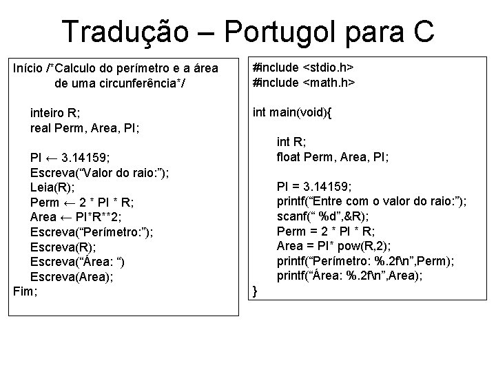 Tradução – Portugol para C Início /*Calculo do perímetro e a área de uma