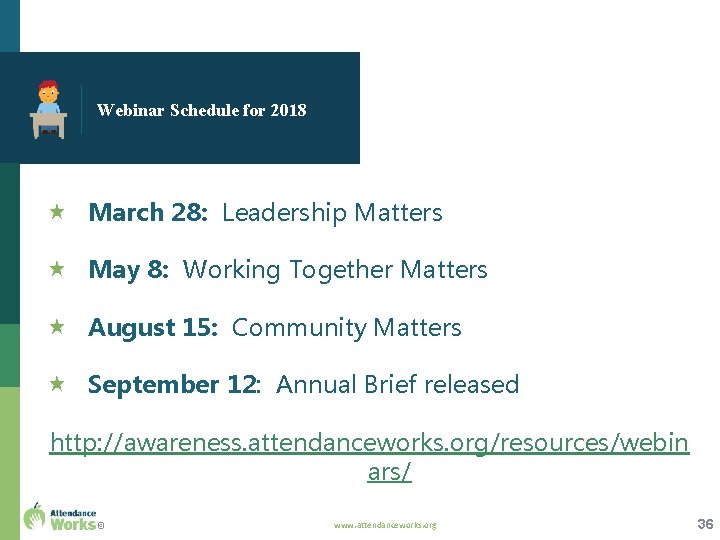 Webinar Schedule for 2018 March 28: Leadership Matters May 8: Working Together Matters August