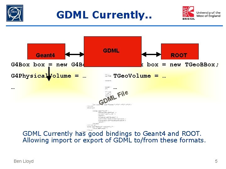 GDML Currently. . Geant 4 GDML ROOT G 4 Box box = new G
