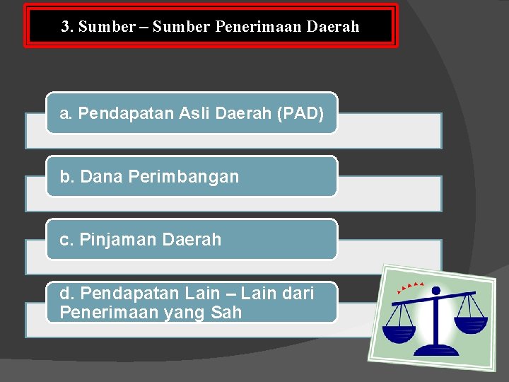 3. Sumber – Sumber Penerimaan Daerah a. Pendapatan Asli Daerah (PAD) b. Dana Perimbangan 3. Sumber – Sumber Penerimaan Daerah a. Pendapatan Asli Daerah (PAD) b. Dana Perimbangan