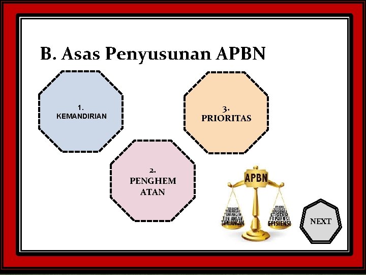 B. Asas Penyusunan APBN 3. PRIORITAS 1. KEMANDIRIAN 2. PENGHEM ATAN NEXT B. Asas Penyusunan APBN 3. PRIORITAS 1. KEMANDIRIAN 2. PENGHEM ATAN NEXT
