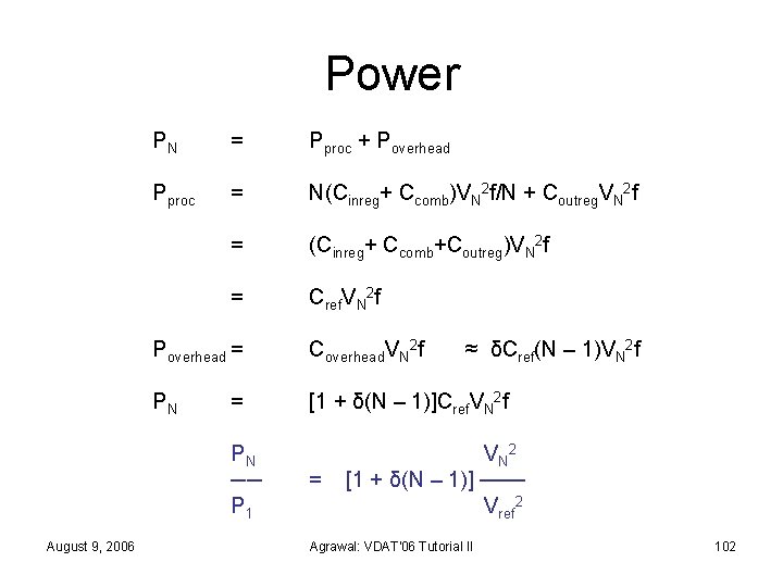 Power PN = Pproc + Poverhead Pproc = N(Cinreg+ Ccomb)VN 2 f/N + Coutreg.