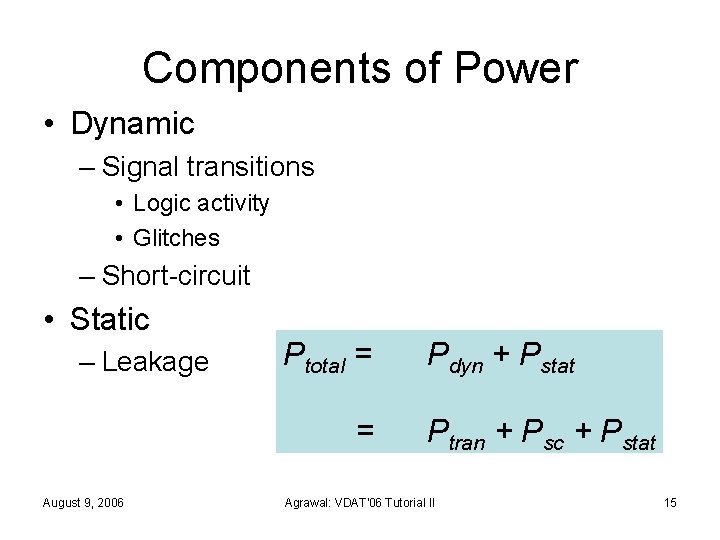 Components of Power • Dynamic – Signal transitions • Logic activity • Glitches –